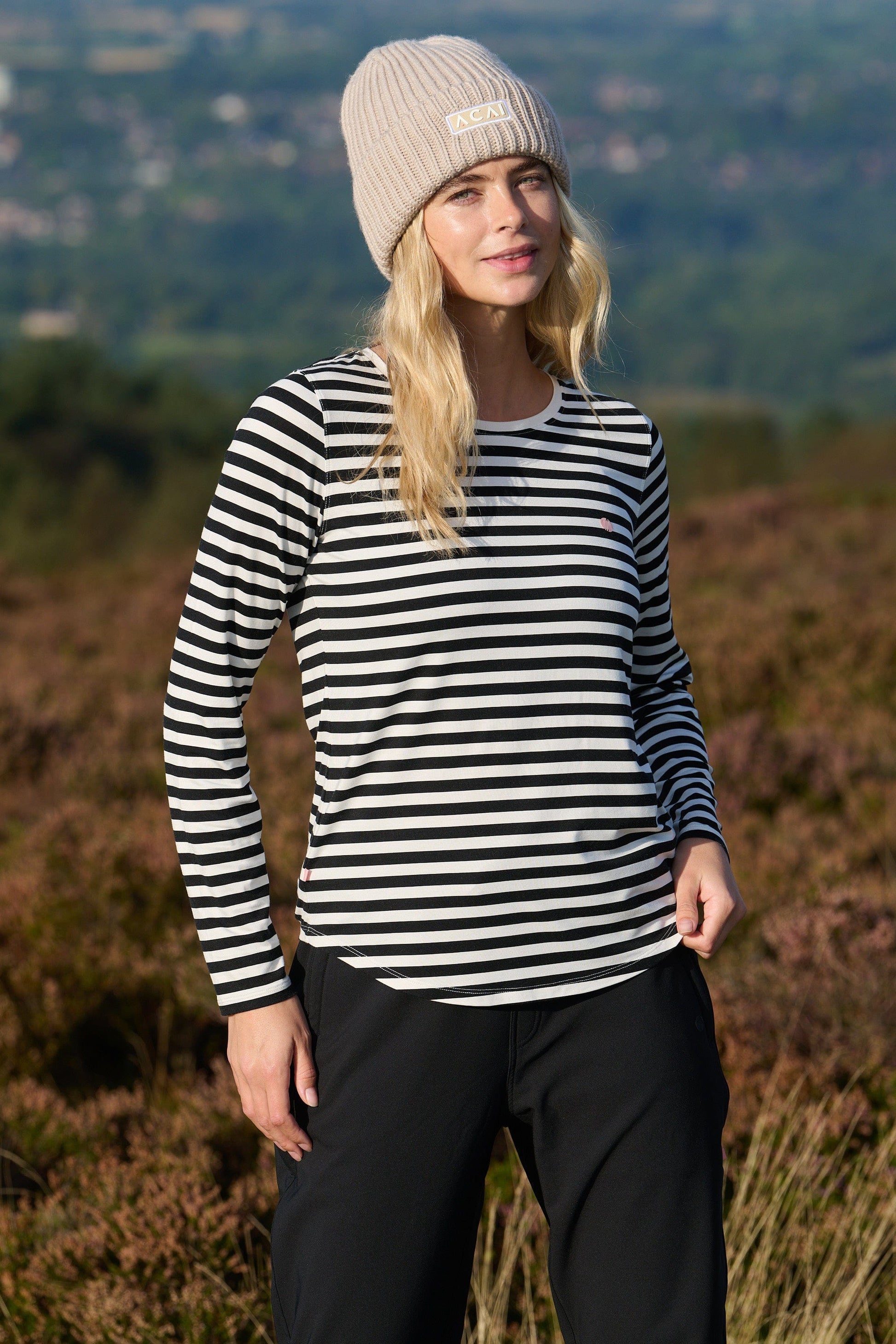 On The Go Bamboo Long Sleeve Tee - Black and White Stripe T-Shirts  