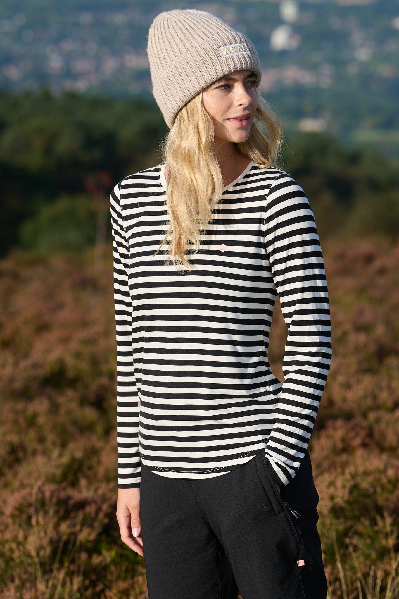 On The Go Bamboo Long Sleeve Tee - Black and White Stripe T-Shirts  