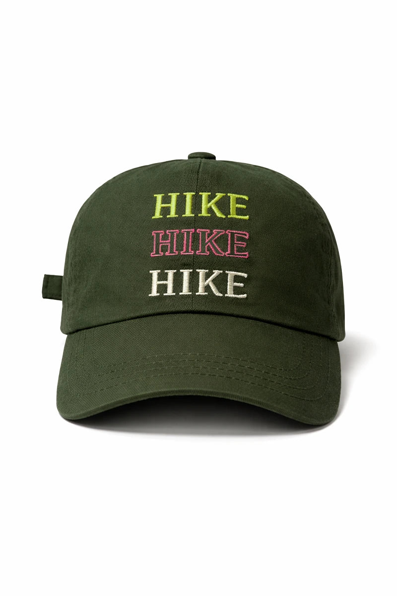 Green cap with 'HIKE' text in different colors on a white background