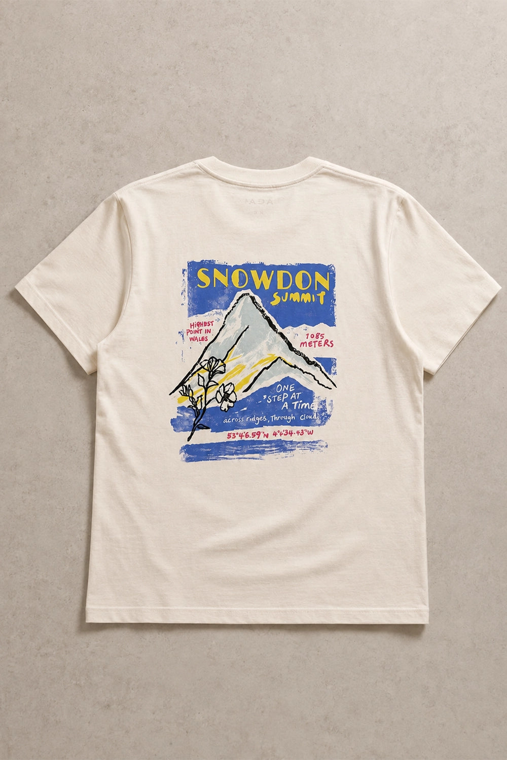 An off-white short-sleeve t-shirt laid flat on a textured gray background, featuring a colorful graphic print on the back with a mountain illustration and the text 'SNOWDON SUMMIT'.